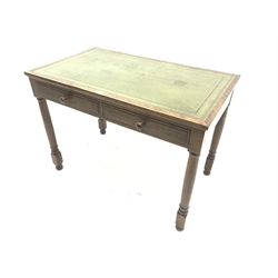 Edwardian oak writing table, inset leather surface, fitted with two drawers, W107, D64cm, H76cm