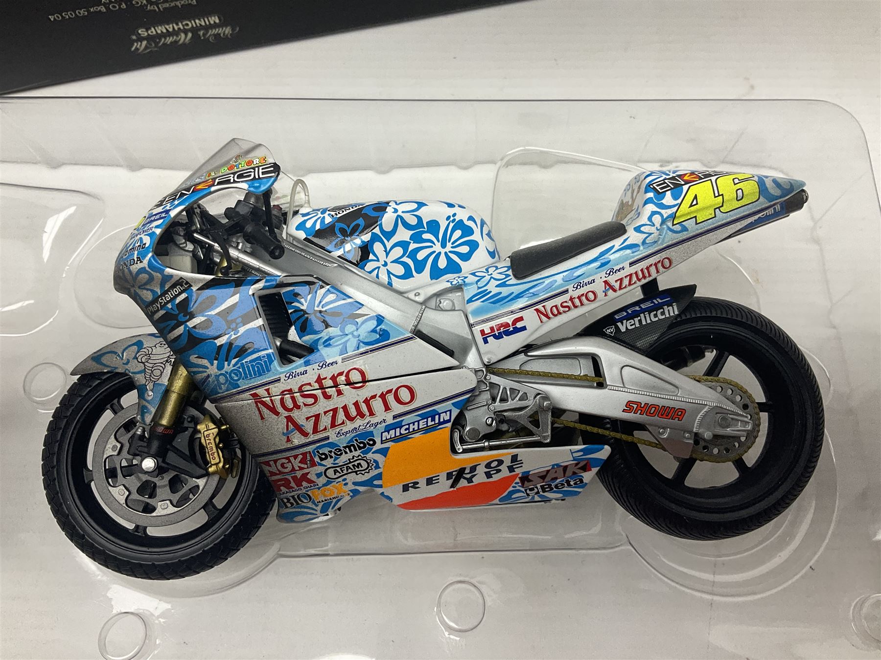 Two Minichamps limited edition Valentino Rossi Collection 1:12 scale die-cast motorcycles - Honda NSR500 Valentino Rossi Team Nastro Azzurro GP Donington 2000 with rider; and Honda NSR500 Valentino Rossi Team Azzurro GP Mugello 2001 Dirty Version; both boxed (2)