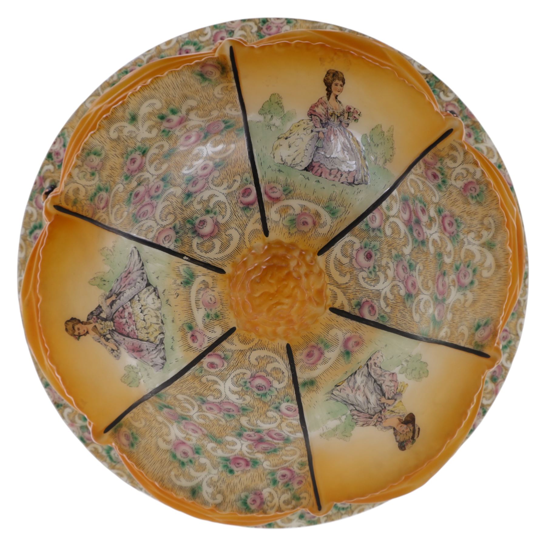  Early 20th century painted glass ceiling light fitting, the domed shade decorated with figural panels alternating with scrolling foliate and floral reserves, centred by a moulded knop finial, in amber and pastel tones