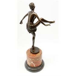 An Art Deco style bronze after D Alonzo, modelled as a female hoop dancer, with impressed mark and foundry mark, raised upon a cylindrical marble base, overall H47cm. 