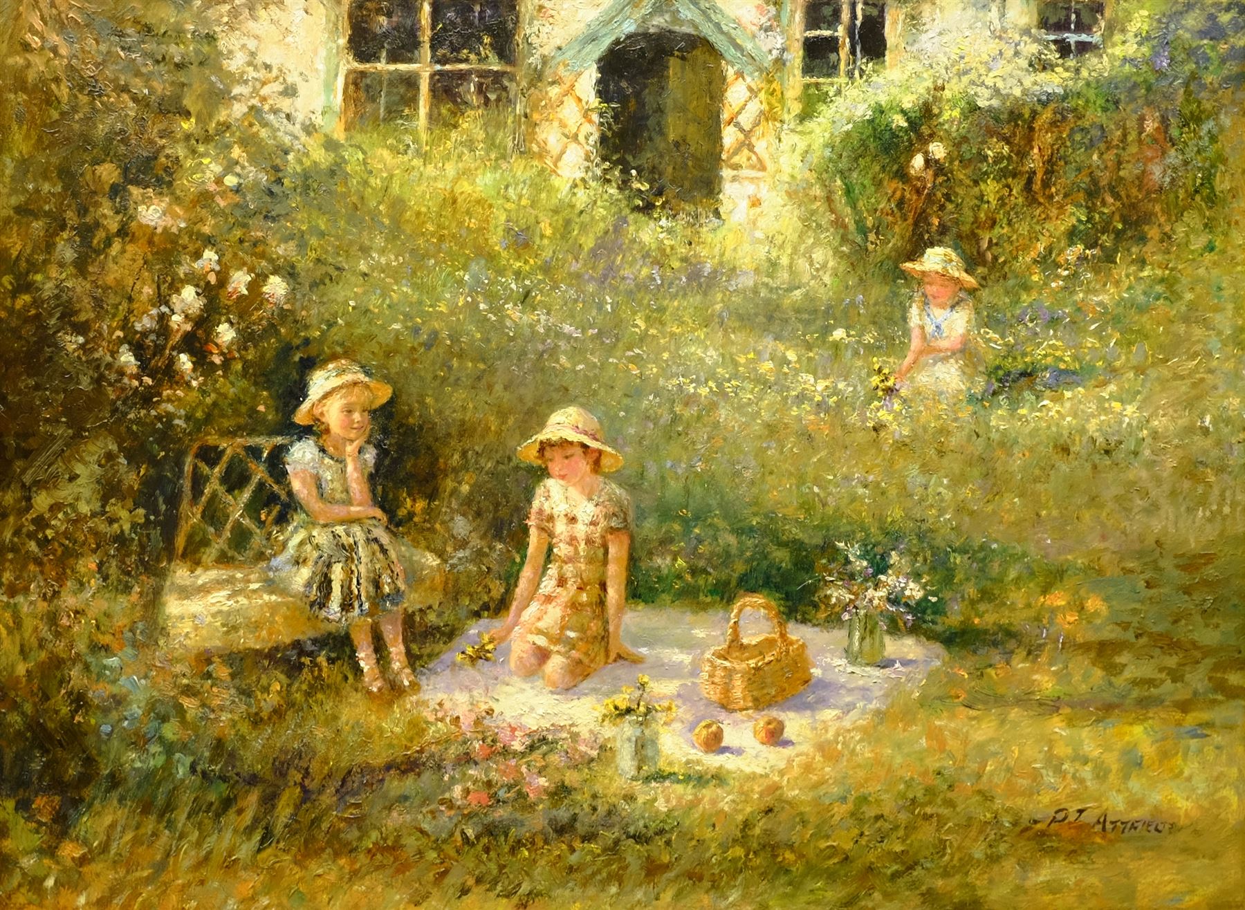 Paul J Attfield (British 1950-): Picnic in the Garden, oil on canvas signed 45cm x 60cm