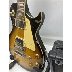 Aria Les Paul style electric guitar, no.037704CH L102cm; with amplifier, soft carrying case and stand; together with various guitar songbooks etc