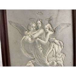 KPM Berlin lithophane panel, of two angels supporting a female figure to the centre, encased in a rosewood frame and handle, H42cm