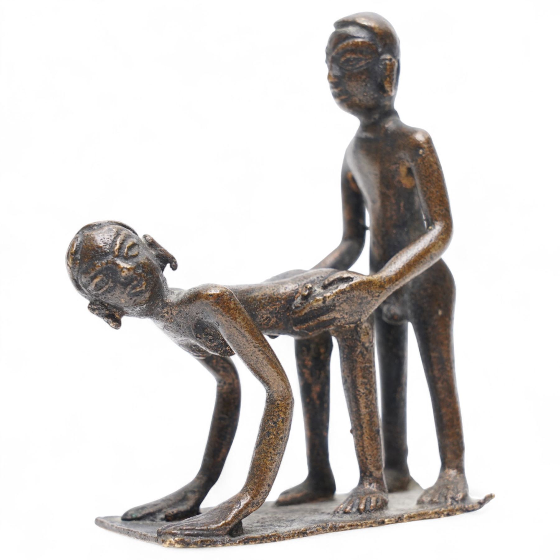 Three Indian school Kama Sutra style erotic bronze figures, H9cm