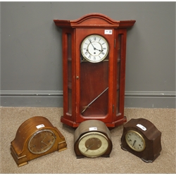  'Hermle' beech cased wall hanging clock, 'Smiths' bakelite mantel clock and two other early 20th century mantel clocks  