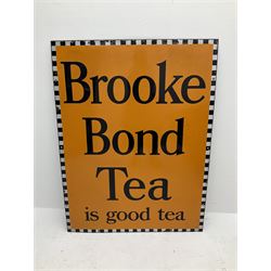 A large enamel advertising sign for Brooke Bond tea, detailed 'Brooke Bond Tea is good tea' in black lettering upon an orange ground with black and white chequered border, H101.5cm, W76cm. 