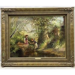 Paul J Attfield (British 1950-): Girls Fishing in a Woodland Stream, oil on canvas signed 44.5cm x 60cm 