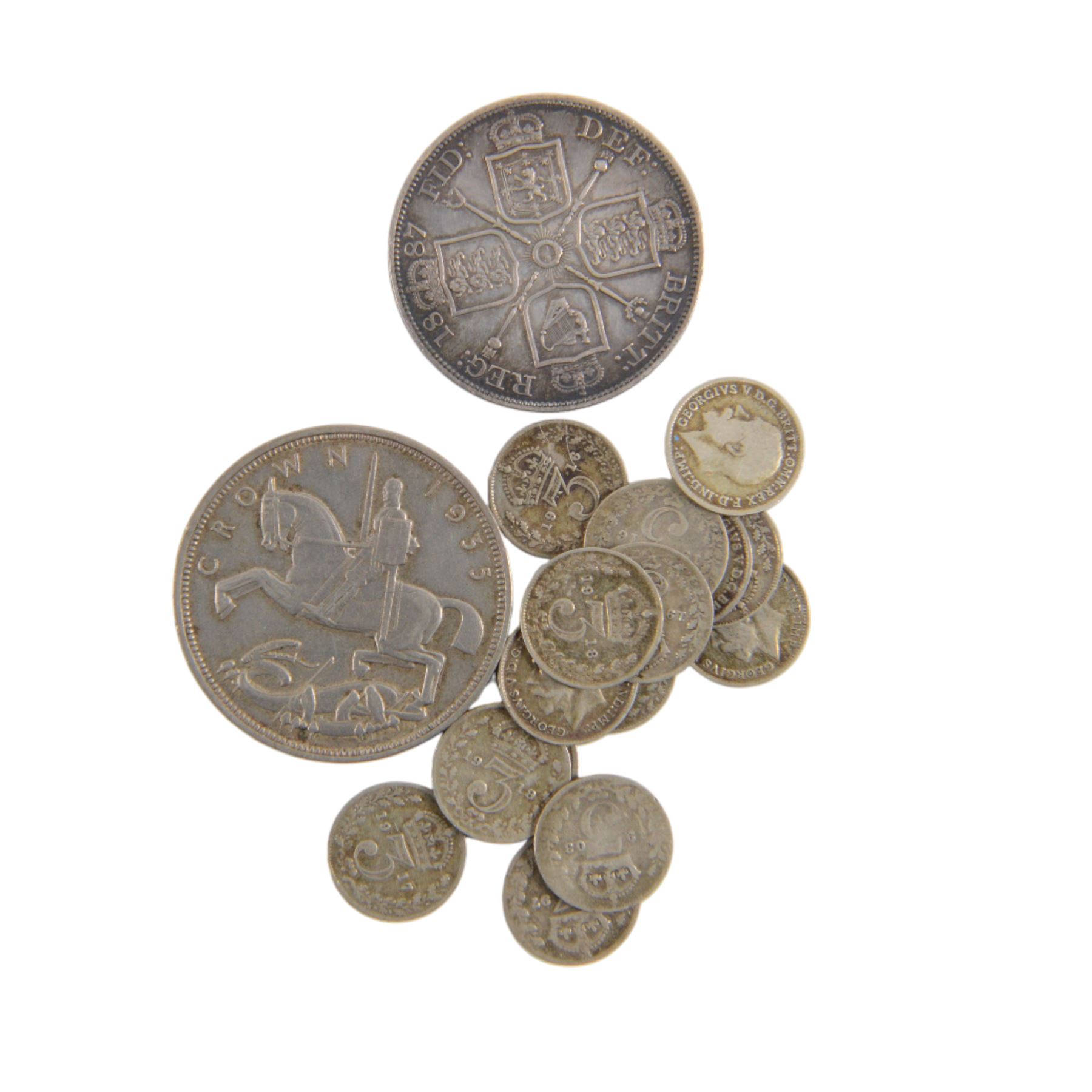 Approximately 42 grams of Great British pre-1920 and approximately 44 grams of pre-1947 silver coins, together with a silver Diploma medallion and some further coins