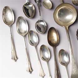 Quantity of assorted silver cutlery including sauce ladle, Victorian caddy spoon, various teaspoons, golf club spoons etc
