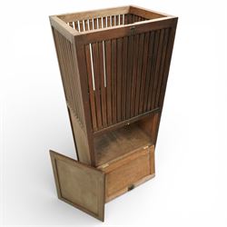 19th century Anglo Indian teak clothes airer cabinet, the rectangular top above a slatted upper compartment enclosed by twin doors, over two fall front compartments with metal drop handles, plain panelled sides and raised on square section supports