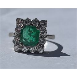 18ct white and yellow gold emerald and diamond cluster ring, single octagonal cut emerald of approx 1.55 carat, surrounded by twelve round brilliant cut diamonds, total diamond weight approx 0.95 carat
