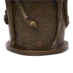 Bronze vase, of tapering cylindrical form, cast with the forms of four prancing horses, signed Milo and with foundry mark, H25cm D19cm