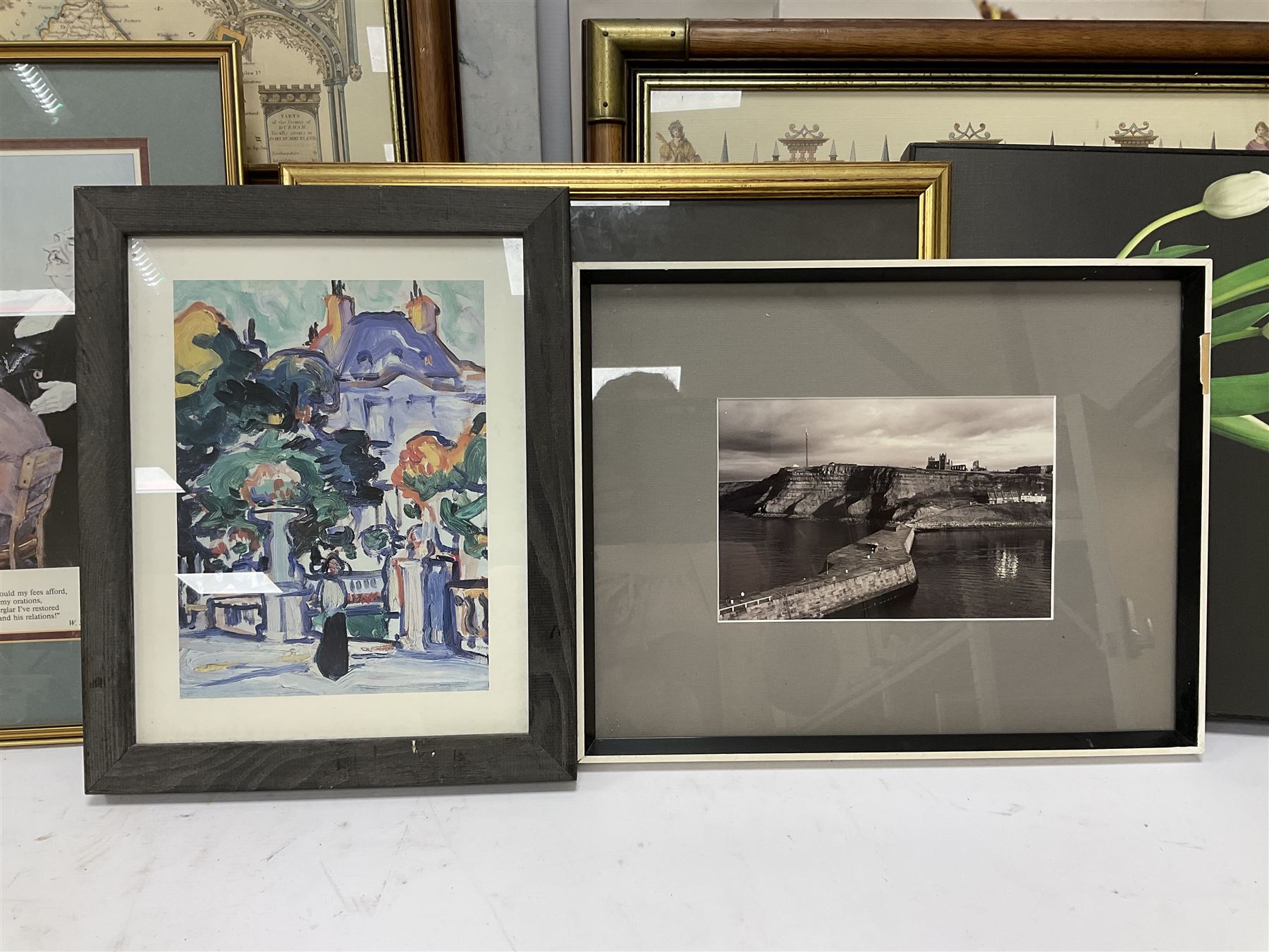 Andrew Gilmour; 'Ribblehead to Hawes' and 'Hag Dyke', three framed maps, together with three canvas flower prints, etc