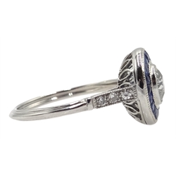  Platinum round old cut diamond and calibre cut sapphire target ring, with diamond shoulders, central diamond approx 0.85 carat  