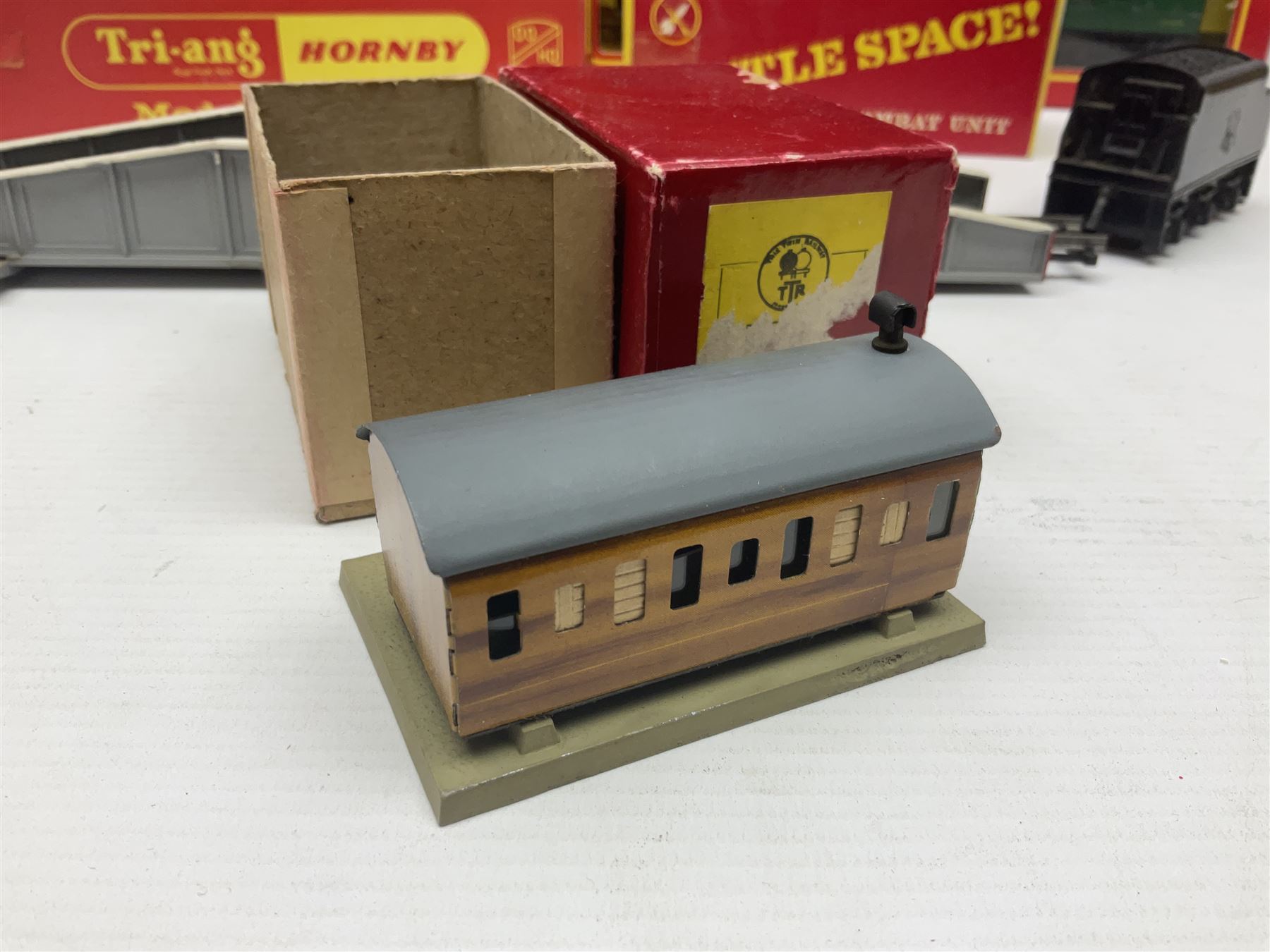 Tri-ang/Hornby '00' gauge - Princess Class 4-6-2 locomotive 'Princess Elizabeth' No.46201 with tender; Battle Space Turbo Car, boxed; four passenger coaches, buffet car, track cleaning car and eight wagons, all boxed; and various other accessories