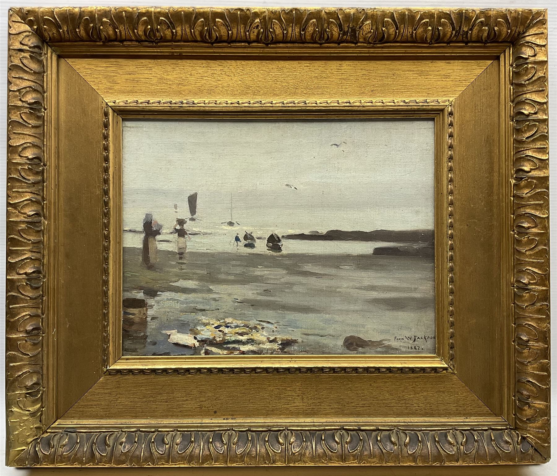 Frederick William Jackson (Staithes Group 1859-1918): 'The Harvest of the Sea', oil on canvas board signed and dated 1887, original title label verso with artist's Oldham address 24cm x 32cm