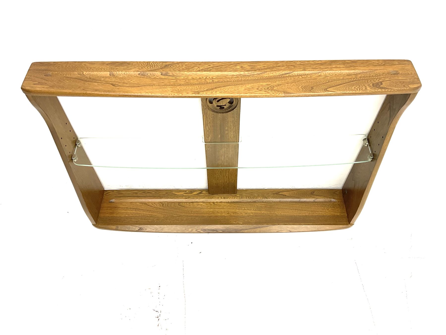 Ercol medium elm two tier wall plate rack, and additional Ercol two tier wall plate rack, with glass shelf and swan detail. 