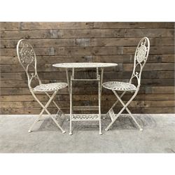 Cast metal bistro set including ornate oval garden table and two matching chairs