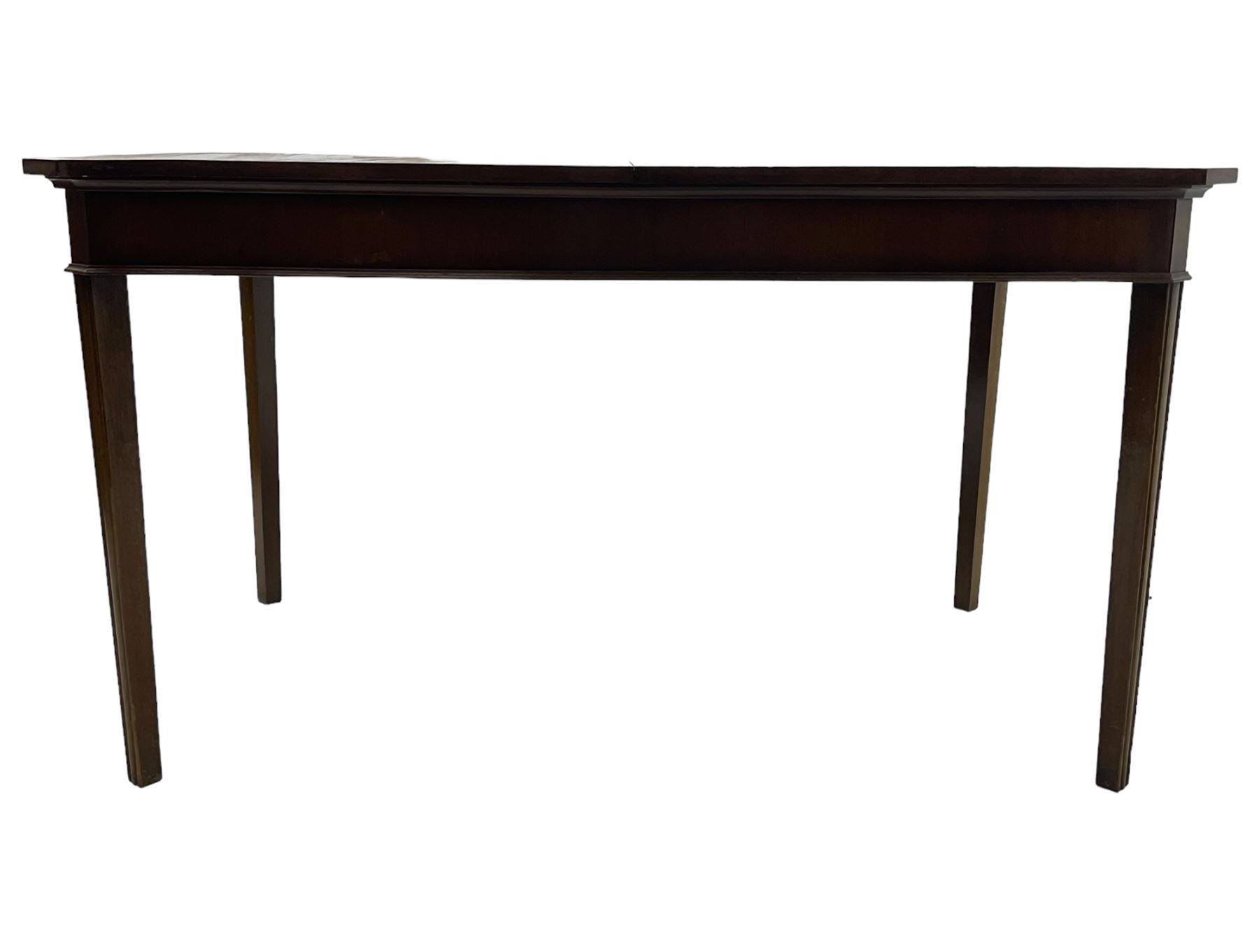 Regency design mahogany extending dining table, rectangular top with extending canted corners, pull-out action with additional leaf (84cm x 136cm - 182cm, H76cm); set of eight Regency design mahogany dining chairs with rope twist rails