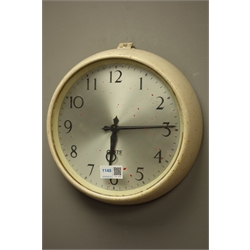  Four 1940's Gents' of Leicester electric slave wall clocks with two white & two silvered Arabic dials in Bakelite cases, two painted D29cm, max, (4)  