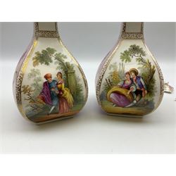 Pair of Dresden square section bottle shaped vases and covers, decorated with alternating scenes of 18th century courting couples and flowers on pink ground, each marked Dresden beneath H35cm overall