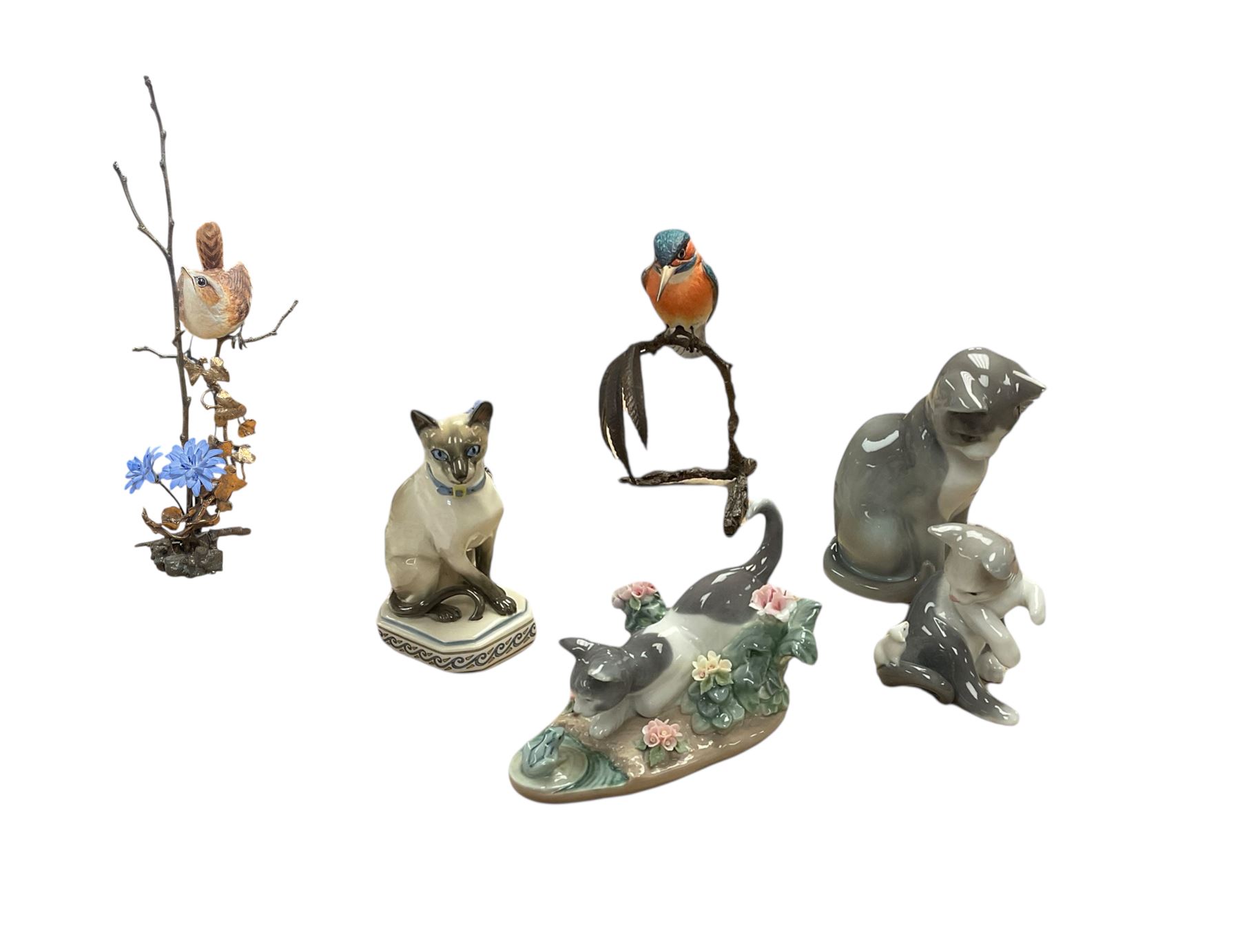 Two Lladro cat figures, comprising Cat and Mouse no 5236 and Kitty Confrontation no 1442, together with Royal Copenhagen cat and three other figures 