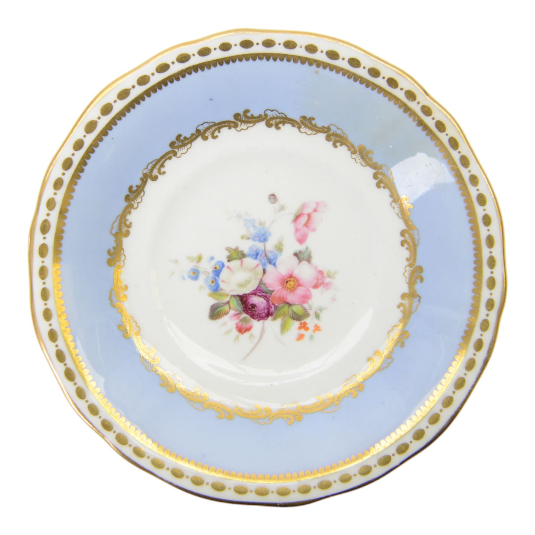 Minton trio, coffee cup, teacup and saucer, circa 1824, moulded ribbed detail, distinctive 'N' handle, painted in pattern no 139, with floral sprays and lilac blue band, coffee cup including handle H8cm, saucer D14cm, together with a Spode trio, coffee cup, teacup and saucer, circa 1830, decorated in the 3886 pattern, painted with pink cabbage roses and heightened with gilt, coffee cup including handle H8cm, saucer D15cm
