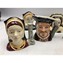 Royal Doulton Henry VIII and his Six Wives Character Jugs, comprising of Henry VIII D6647, Catherine of Aragon D6657, Anne Boleyn D6650, Jane Seymour D6746, Anne of Cleves D6753, Catherine Howard D6692 and Catherine Parr D6751, tallest H10cm