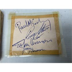 The Beatles - dis-bound personal autograph album containing numerous signatures of pop stars and entertainers, many on fragments of paper stuck down with sellotape, including secretarially signed The Beatles - Paul McCartney, Ringo Starr, John Lennon and George Harrison obtained at the Majestic Ballroom, Witham, Hull during their performance there either in October 1962 or February 1963; The Bachelors; Bert Weedon; The Rockin' Berries; Helen Shapiro; Dallas Boys; Frank Ifield; Ronnie Hilton; Norman Collier; Marty Wilde and many more.
Provenance: The vendor advises she was babysitter for the daughter of the owner of the Majestic Ballroom and was given the album in 1978. Presumably the owner obtained the secretarially signed signatures of The Beatles for his daughter along with other signatures of artists who also appeared there.