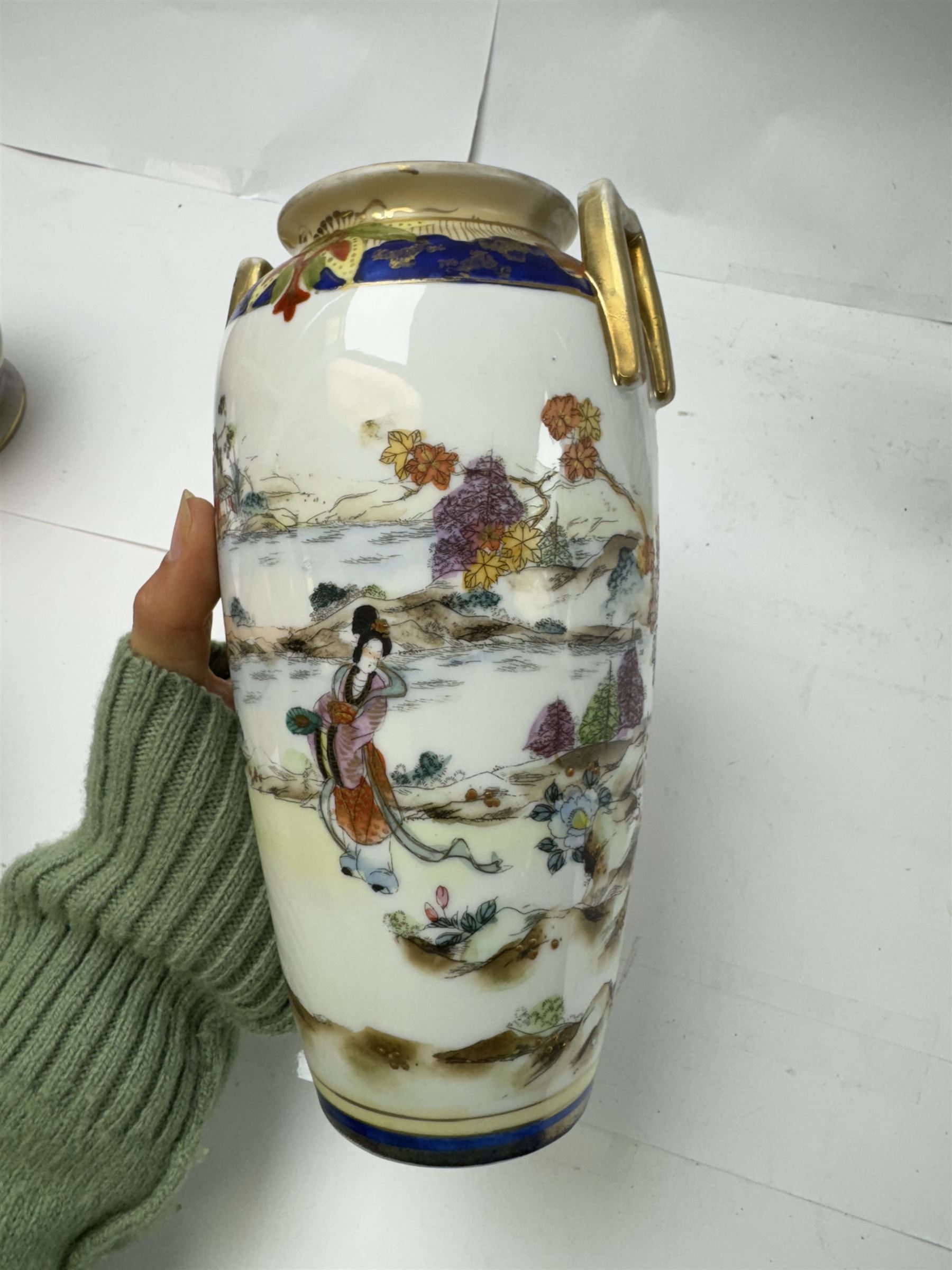 Pair of Noritake Chinoiserie pattern vases, together with two other Noritake vases, H21cm