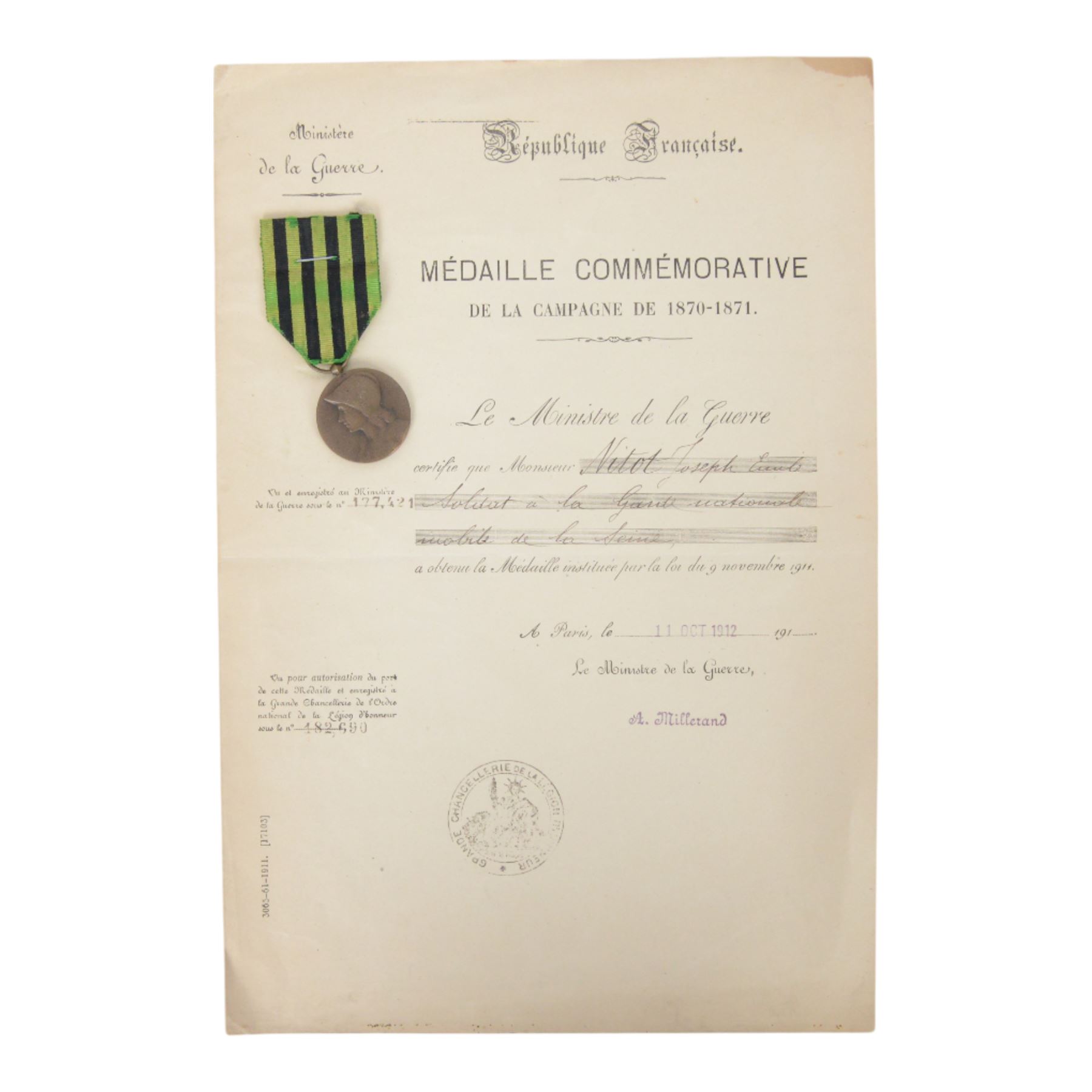 French Franco Prussian War medal with citation certificate, certificate awarded on 11 October 1912
