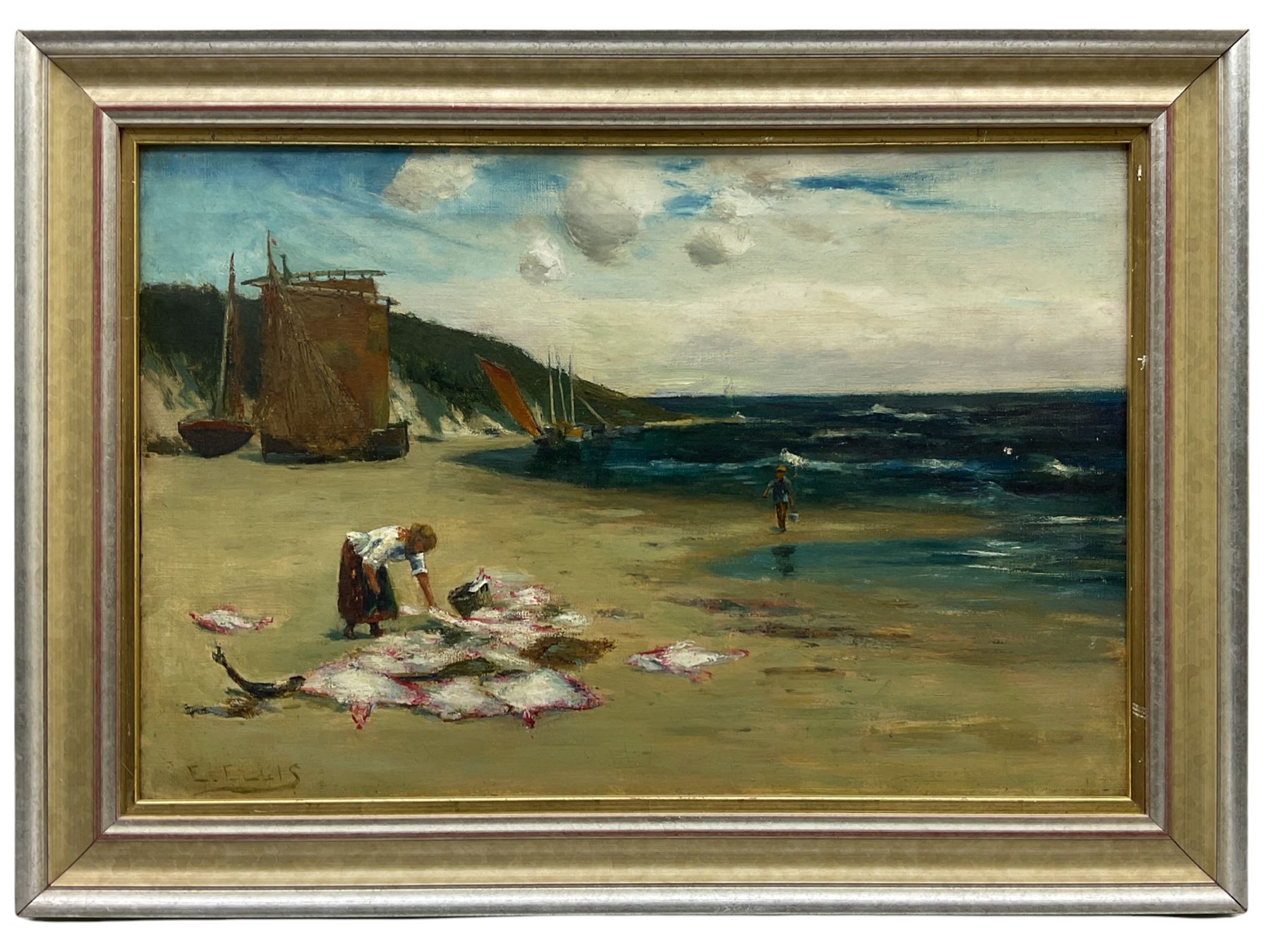 Edwin John Ellis (British 1841-1895): Fishwife Cleaning Skate on the Shore, oil on canvas signed 35cm x 53cm