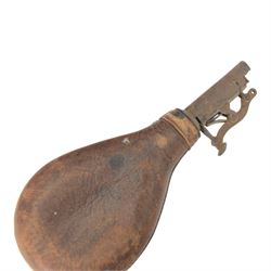 Copper powder flask, together with a leather shot flask, copper flask H20cm 