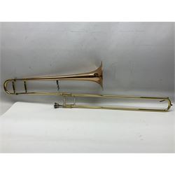 Sebastian Bucklet Aquae Sulis copper and brass trombone No.0910004; in lightweight carrying case; and Kinsman folding tubular chrome music stand in case (2)