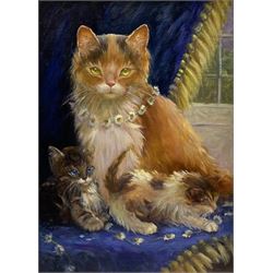 Iris Collett (British 1938-): Cat and Kittens with Daisy Chains, oil on board signed 54cm x 39cm
Provenance: from the second and final part of the artist's studio sale collection