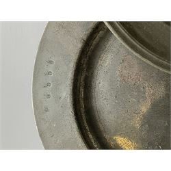 Collection of 18th and 19th century pewter, comprising two chargers, eight large plates, twenty six smaller plates, two bowls, three lidded measures, two jugs, tappit hen, and tankard, the plates with various marks and touch marks, including pseudo 'hallmarks', largest charger 37cm, large plates D30cm, smaller plates D24.5cm, tappit hen H26.5cm