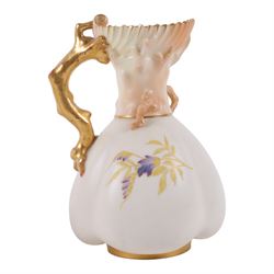 Royal Worcester, large blush ivory ewer decorated with floral sprigs, shape 1227, together with quatrelobe coral jug, decorated with wisteria shape 1507, H30cm