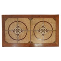 Mid-20th century Danish teak coffee table, rectangular form with inset ceramic tiled top decorated with circular and foliate motifs, raised on square legs