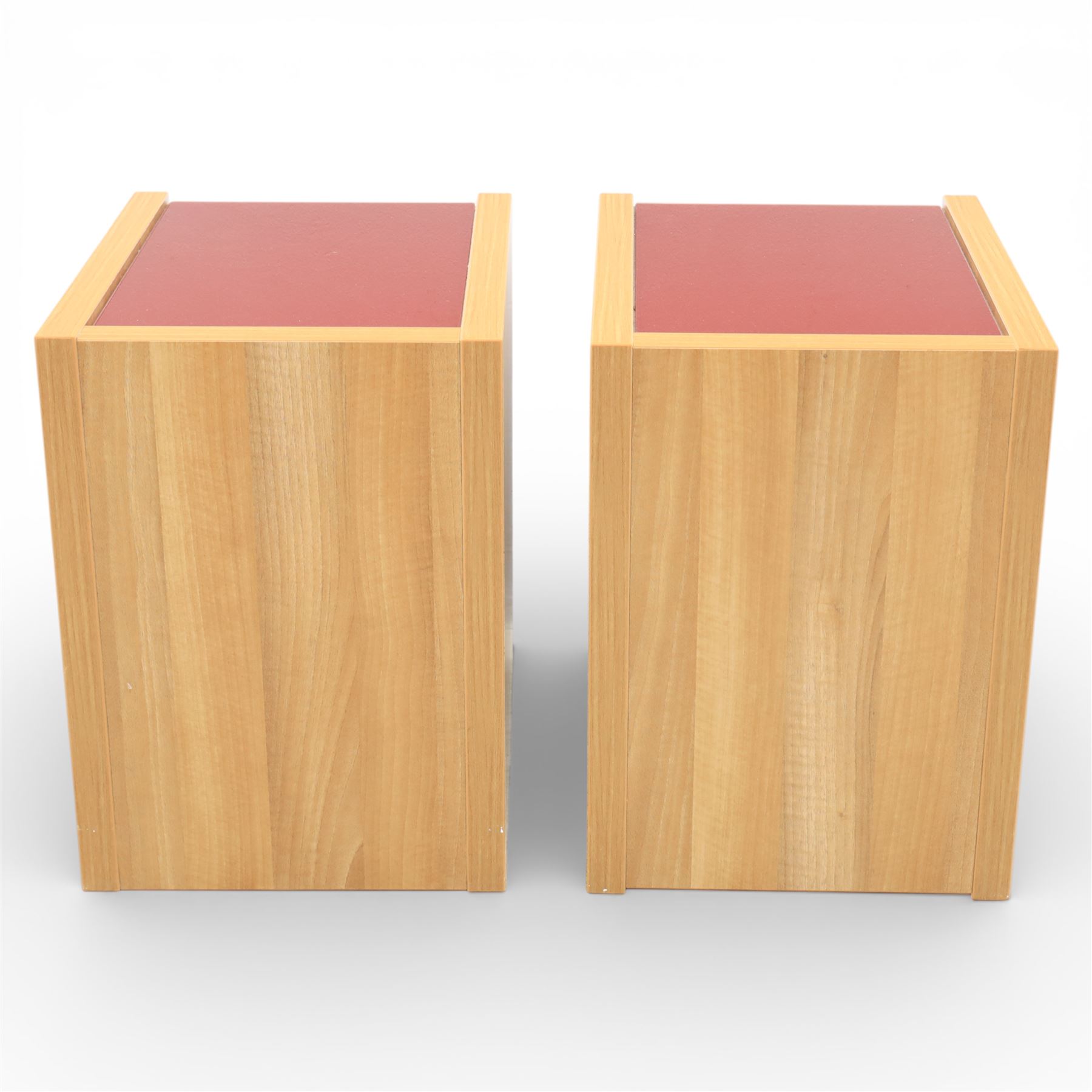 Sliderobes - modern dressing table and two bedside cabinets, red glass panels to top and drawer fronts, drawers with push to open mechanism, with veneered oak frames (Bedside tables H 56cm, D 50cm, W 40cm; Dressing table: H 83cm, D 50cm, W 135cm)