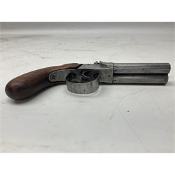 19th century Belgian double barrel side by side percussion pistol, approximately 40 calibre, with 8cm octagonal barrels, and wooden stock L22cm