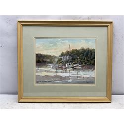 Michael Long (Bristol Savages 1940-): 'A Shaft of Light', gouache signed titled and dated '90, 25cm x 34cm; James Robson (Harrogate 20th century): Village Bridge, watercolour signed, artist's address label verso 23cm x 36cm; Roy Wrench (Bristol Savages): 'Newton Ferrers - Devon', watercolour signed and titled 29cm x 38cm; Charles James Kelsey (British 1870-1960): 'Hard Work', oil on board, signed and titled verso 22cm x 32cm (4)
