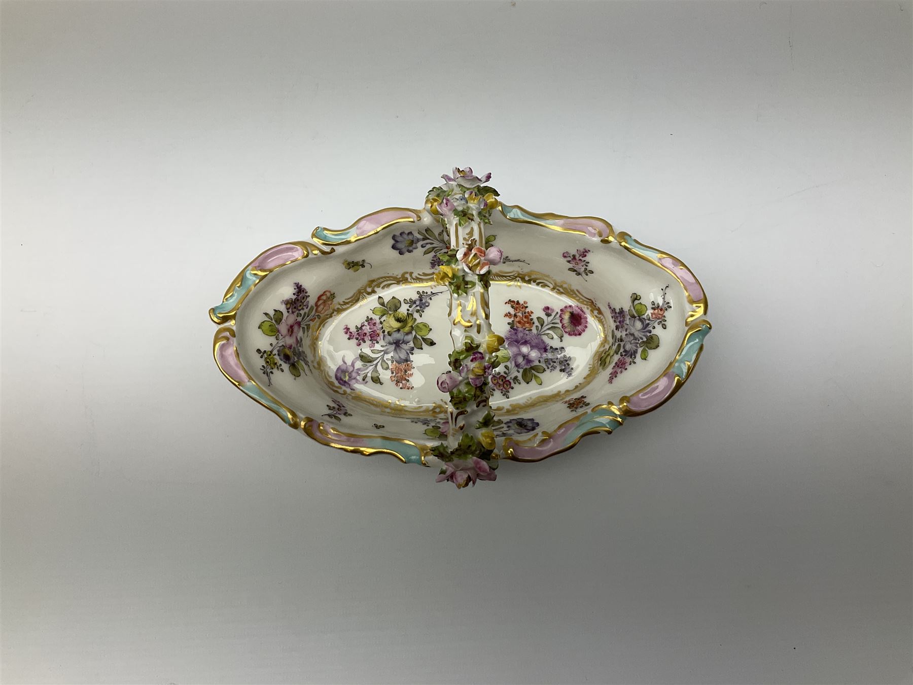 Dresden floral basket, hand painted with floral decoration and gilt scrolls, H12cm, L20cm. 