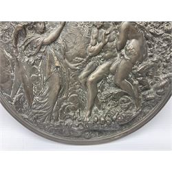 Late 19th century bronze plaque, of circular form, depicting the angel appearing to Adam and Eve in the garden of Eden in high relief, D25.5cm
