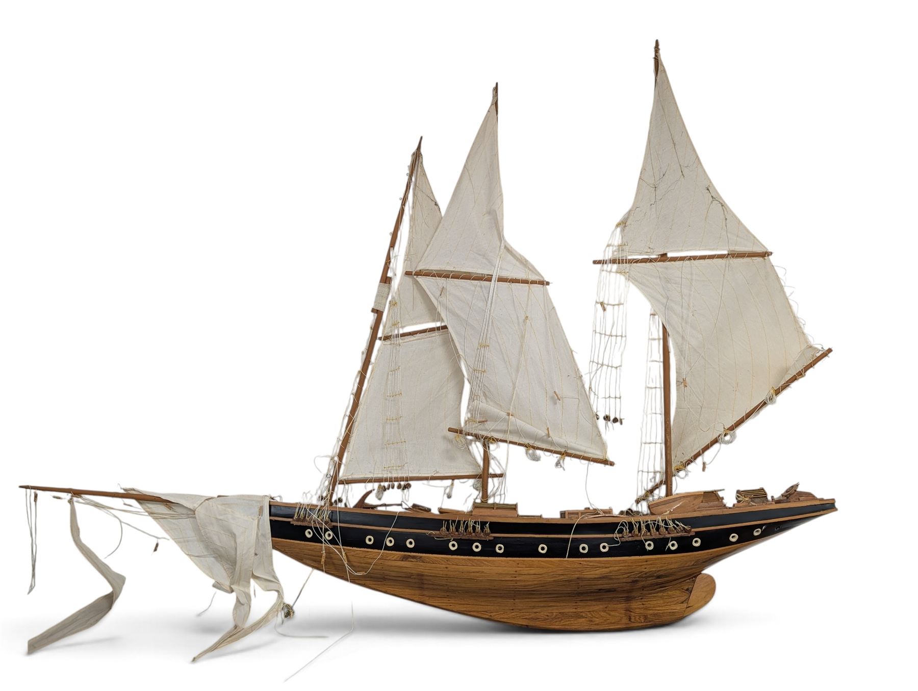 Large wooden model ship of a three-masted schooner, H117cm, W163cm, with stand