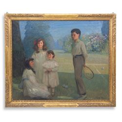 Mark Senior (Staithes Group 1864-1927): The Ives Family, on the Edge of the Tennis Court, oil on canvas signed 126cm x 151cm 
Provenance: direct from the family of the artist, formerly in the collection of Mrs M.V. Hudson, the artist's daughter; exh. 'Mark Senior 1862-1927', Elizabethan Exhibition Gallery, Wakefield, 16th April - 2nd July 1983, no. 8. 
Notes: the Ives family owned a Leeds worsted manufacturing firm. In 1914 Senior exhibited a portrait of Miss Gladys Ives in the National Portrait Society's annual exhibition. 
Notes: sold together with a copy of a photograph of the artist painting the present lot. In the photograph, two of the young girls are wearing hats, which do not appear in the finished work. Reputedly, the girls' mother, who commissioned the painting, did not like that they obscured the girls' faces and had Senior remove them. Tennis was a favoured subject Senior, alongside other British Impressionists such as Sir John Lavery; his 'The Tennis Player', sold Christie's 15th July 2021 Lot 140, set the record auction price for the artist.