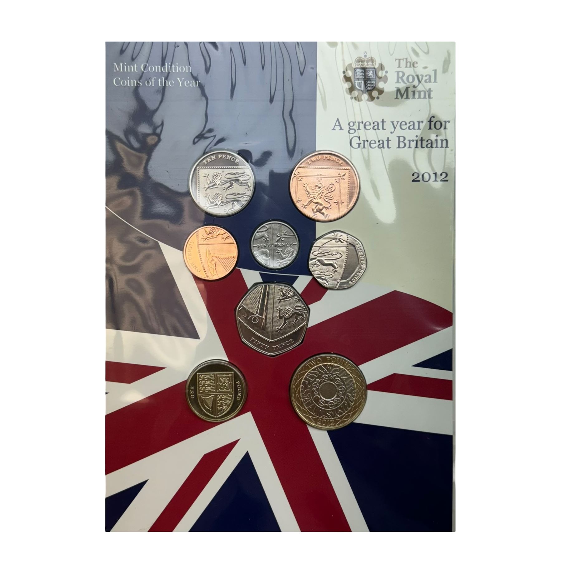 Six The Royal Mint United Kingdom uncirculated coins or sets, comprising  2008 'Queen Elizabeth I' five pounds, 2010 twelve coins, 2012 'Definitive' eight coins, 2013 'Definitive' eight coins, 2014 'Definitive' eight coins and 2015 'The Fourth Circulating Coinage Portrait Final Edition' eight coins, all in card folders