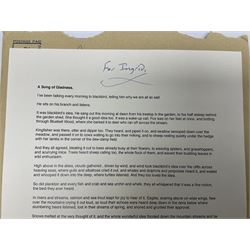 Michael Morpurgo (British 1943-): 'A Song of Gladness', printed poem on A4 signed and dedicated 'For Ingrid' in blue ink 
Provenance: dedicated to the vendor's sister