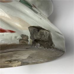 Large Japanese Imari porcelain figure, modelled as a Bijin, wearing a long kimono decorated with apple blossom and leafy branches on a white ground, with gilt detailing, possibly Edo period, H63cm