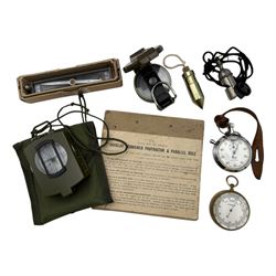 Trough compass and two other modern hand held compasses, compensated barometer, Smiths stop watch, Douglas combined protractor and parallel rule, etc