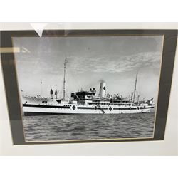 Set of twelve monochrome photographs of mid-20th century merchant vessels comprising general cargo ships, cargo liners, RMMV passenger cargo liners and hospital ship including Rowallan Castle, Drakensberg Castle, Stirling Castle, Capetown Castle, Pachumba, Tilapa etc; average size 18 x 24cm; uniformly mounted in black frames (12)